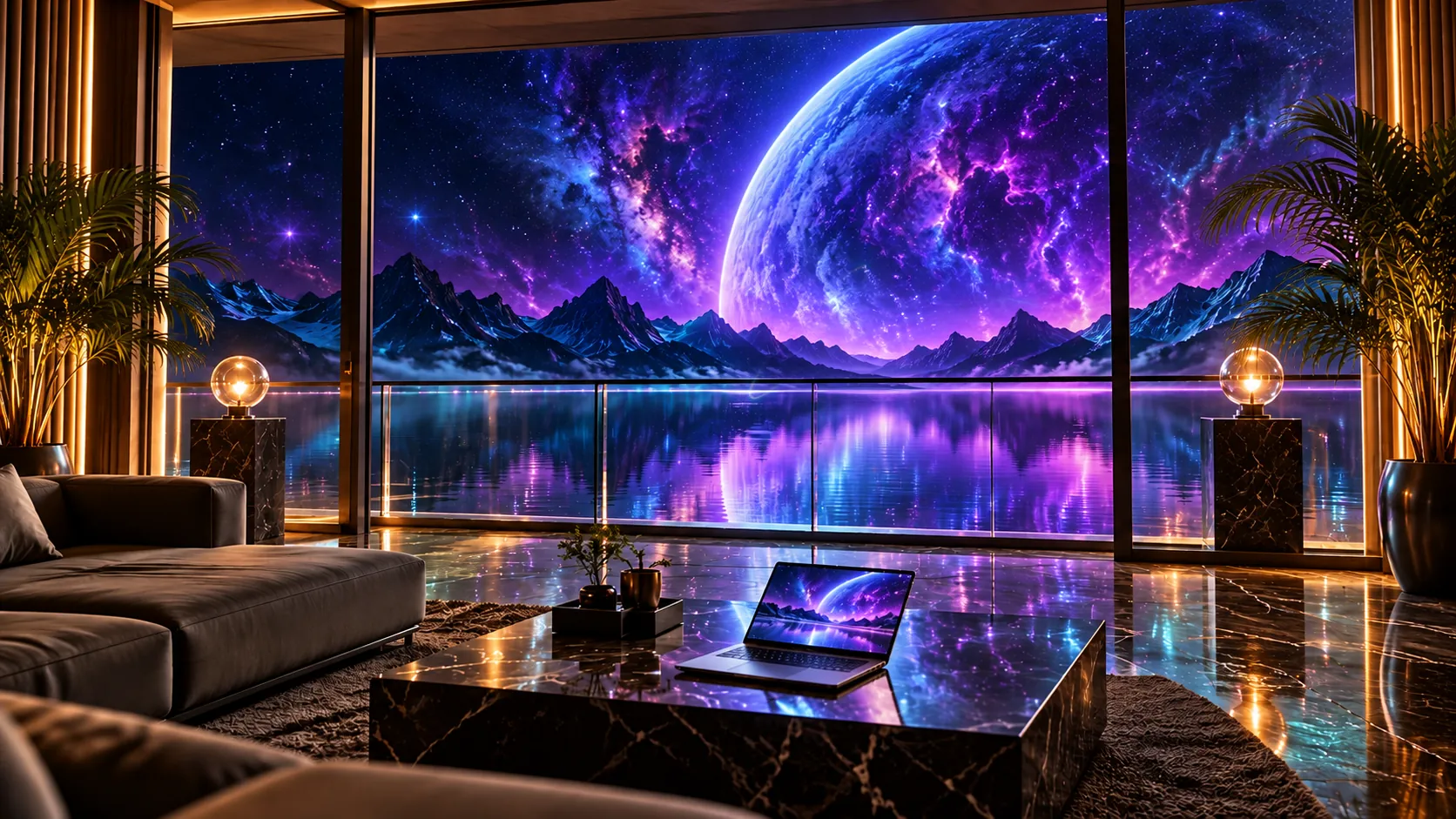 The penthouse with the lights on and the Julian Neagu signature over the lake
