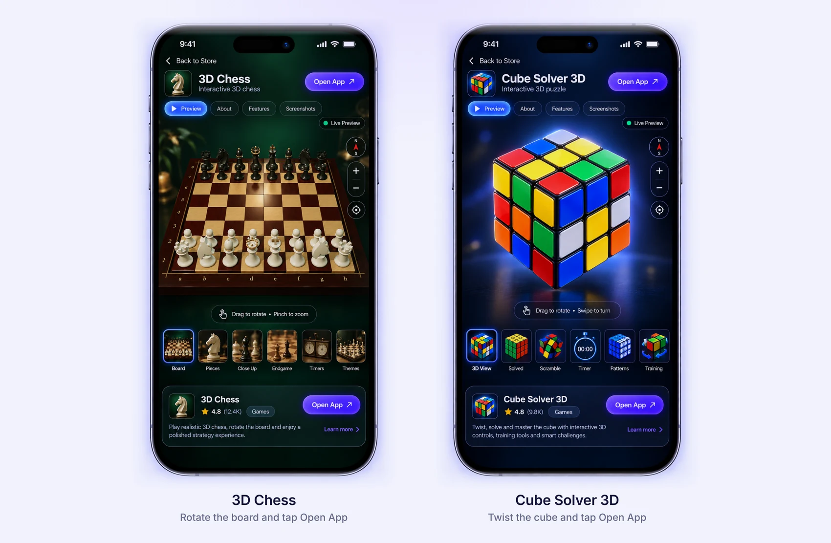 3D Chess and Cube Solver 3D app pages inside the VisionVix Store