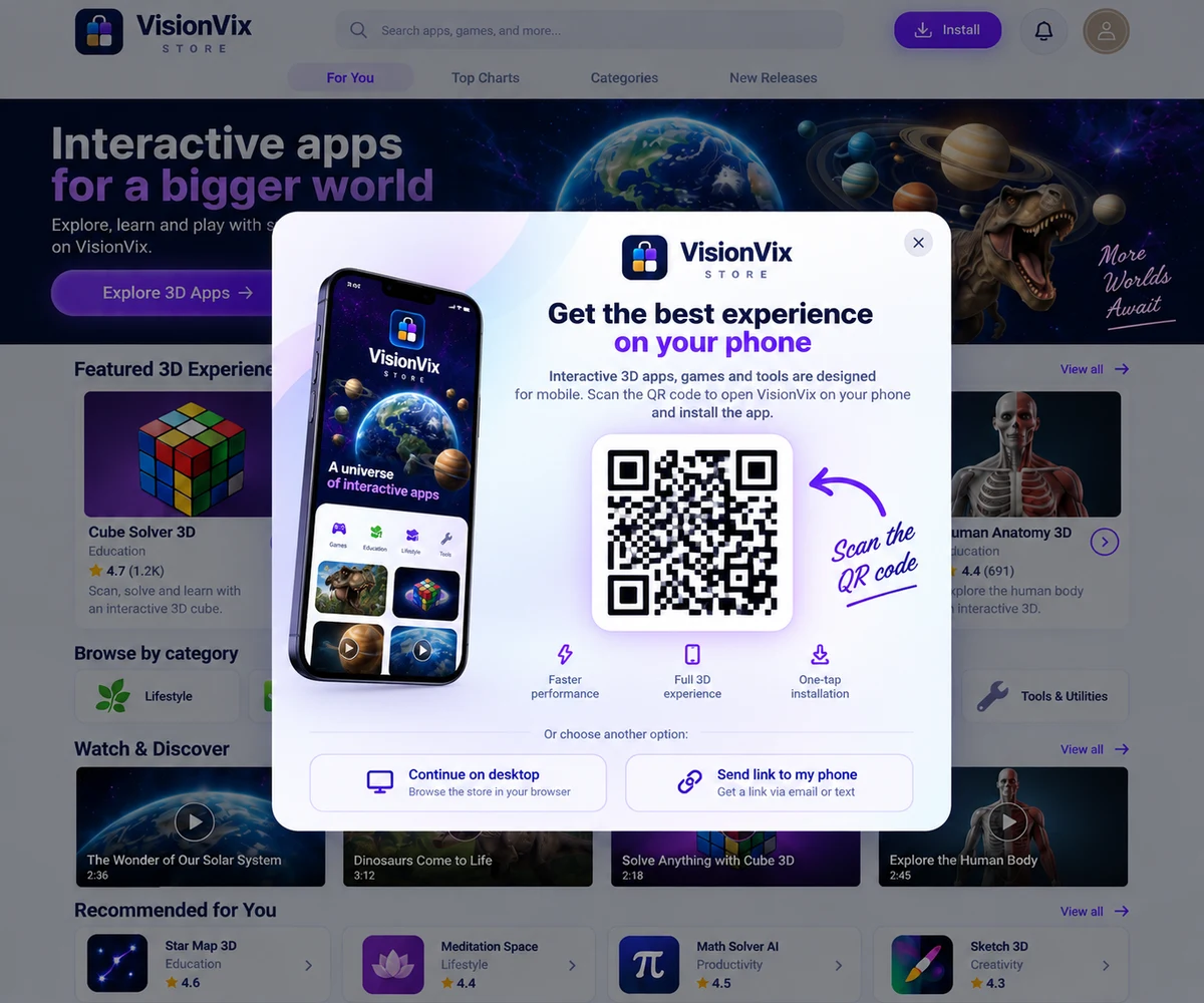 The VisionVix Store on a desktop, with a QR code to scan with your phone