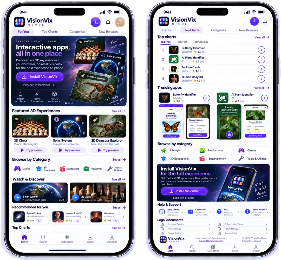 The VisionVix Store home screen and Top Charts on a phone