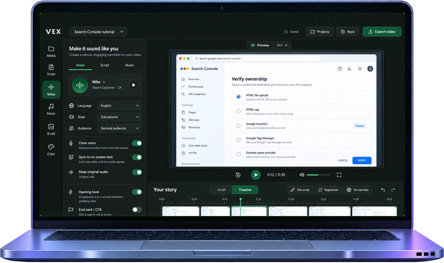 VEX AI voice generator and video editor